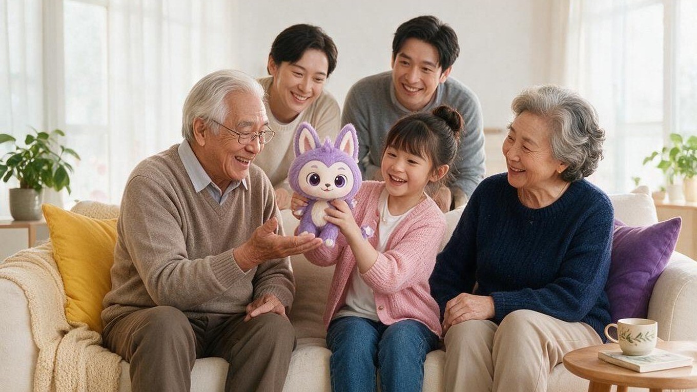 一家人在沙发上和 Lumi 一起