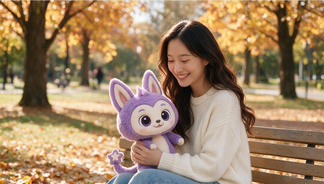 在公园长椅上抱着 Lumi