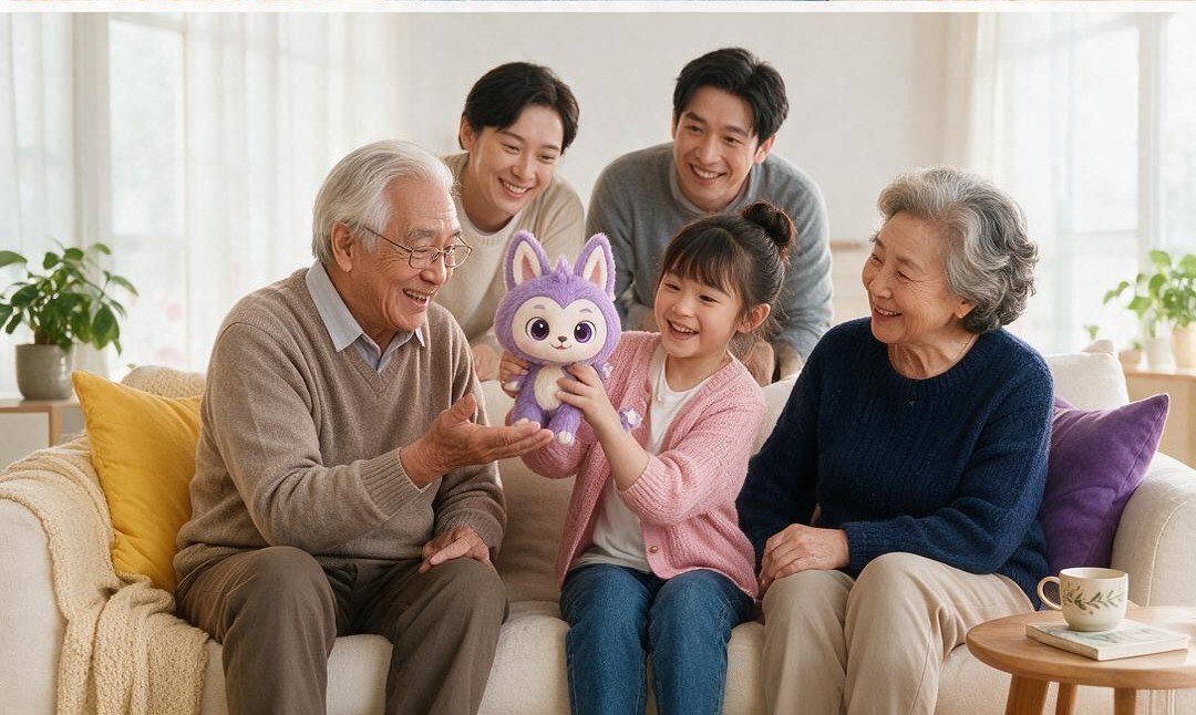 一家人在沙发上和 Lumi 一起