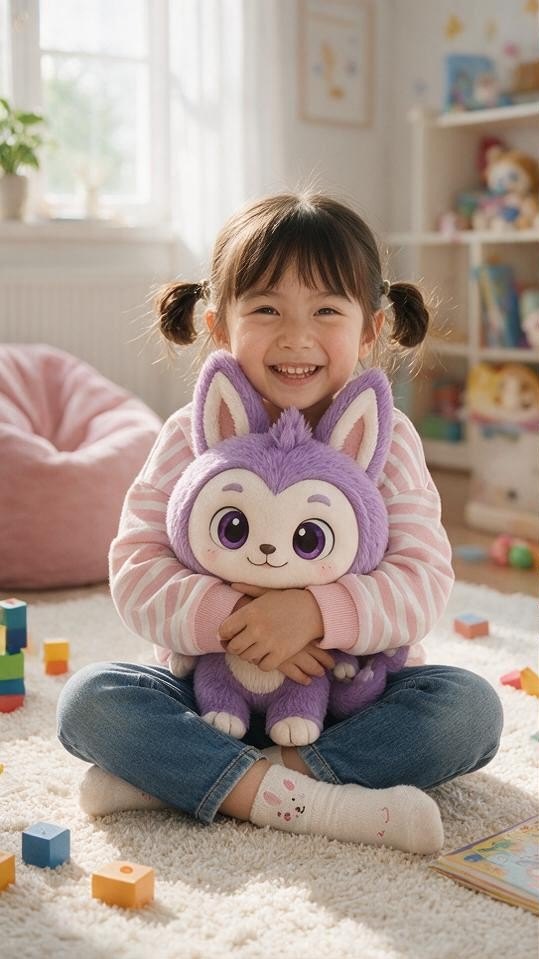 女孩坐在地毯上和 Lumi 玩